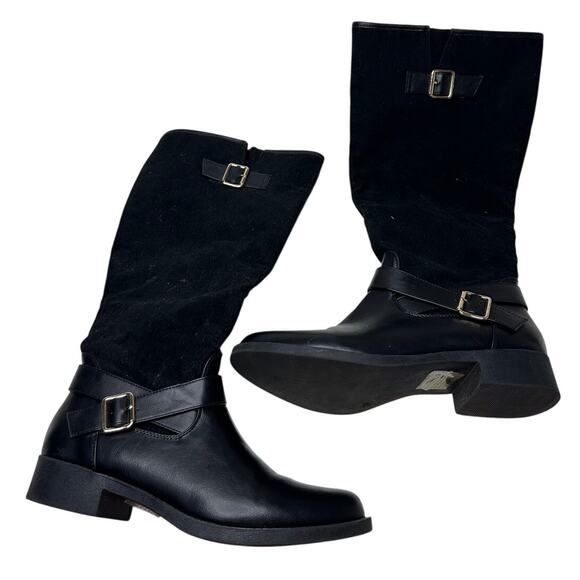 Black Size 9.5 Black Raelynn Faux Suede Buckled Block Heel Knee High Fall Boot - Picture 2 of 14